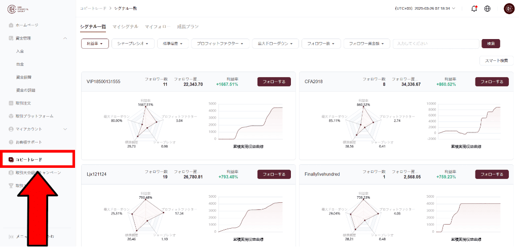 マイページにログインし「コピートレード」を選択