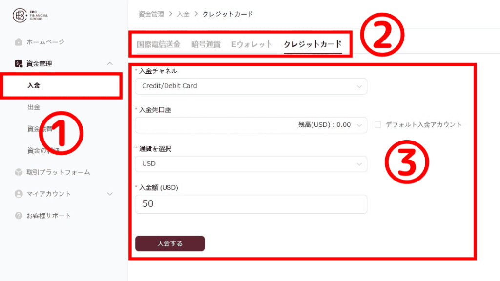 クレジットカードの入金画面にアクセス