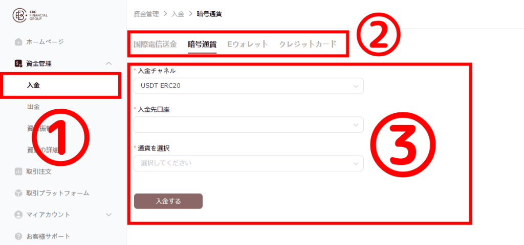 暗号通貨の入金画面にアクセス